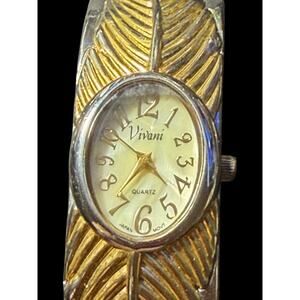 Vivani Women's Gold & Silver Tone Leaf Design Bangle Cuff Watch Quartz Movement